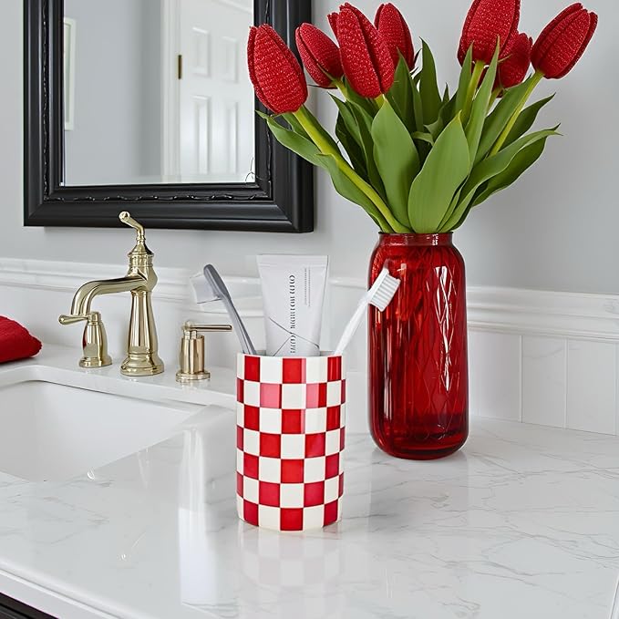Ceramic Toothbrush Holder, Red Tooth Brush Holders for Bathrooms, Modern Cute Toothbrush Tumbler/Cup, Toothbrushes Toothpaste Dispenser for Countertop Storage, Checkered Bathroom Decor