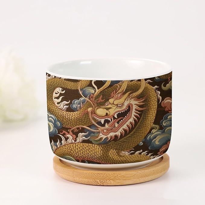 2 Piece Ceramics Plant Pot Antique Chinoiserie Dragon Small Pot for Flowers Dragon Gold Oriental Style Asian Flower Pot for Indoor Chinoiserie Plant Pot with Drainage Bamboo Trays