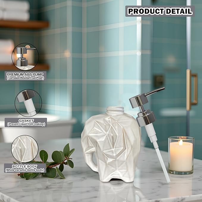 Elephant Soap Dispenser, Geometric Ceramic Lotion Dispenser, Caahanjia White Hand Soap Dispenser, Refillable Liquid Dispenser for Bathroom and Kitchen (Elephant White)