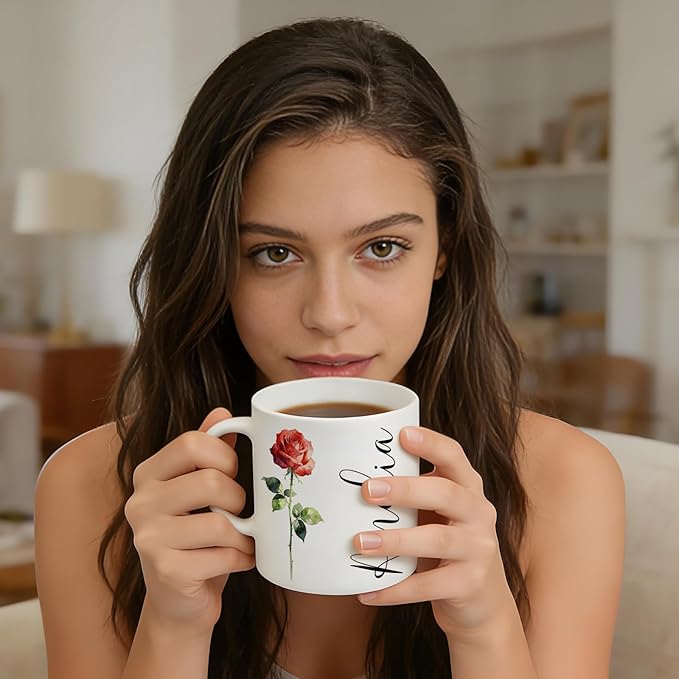 Custom Coffee Mug with Birth Flower & Name - 11oz Large Ceramic Personalized Coffee Cup for Women, Pretty Floral Tea Mugs Gift for Mom Wife Grandma Daughter Sister Coworker Best Friend Birthday