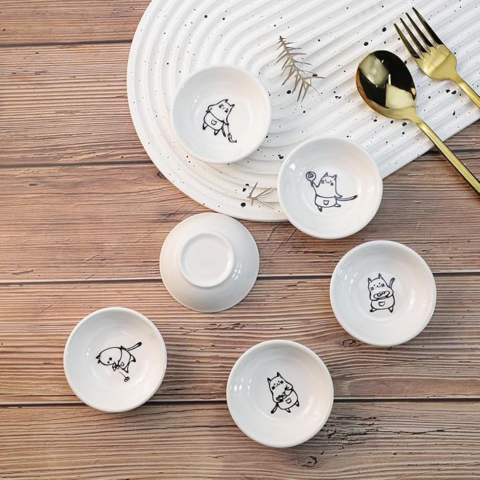 SOCOSY Super Cute Chef Cat Ceramic Sauce Dish/Seasoning Dish/Sushi Soy Dipping Bowl/Appetizer Plates/Serving Dish for Kitchen Home(Set of 6)