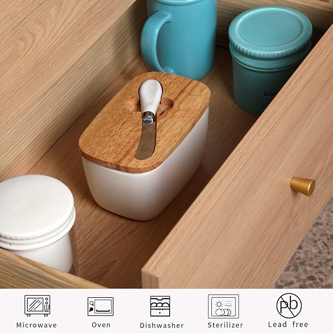 GDCZ Large Ceramic Butter Dish for Countertop - Butter Keeper with Silicone Sealing, Natural Wooden Lid and Stainless Steel Knife, Kitchen Decor for Kitchen Gifts (White Larger Capacity)