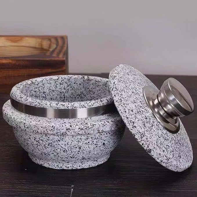 Korean Stone Bowl with Lid, Natural Stone Bowl with Wood Base Thicken Cookware Stone Bowl, Bibimbap Bowl for Korean Soup, Rice and Stew,12cm/4.7inch