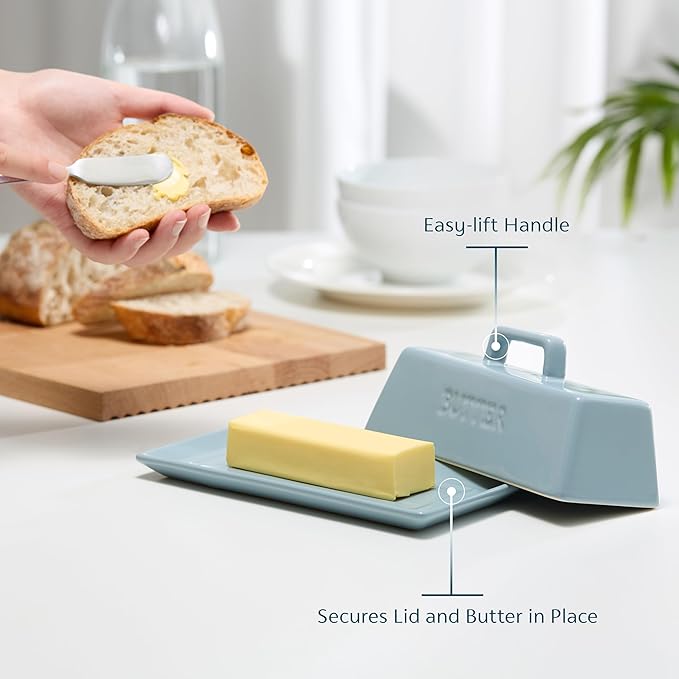 Butter Dish with Lid for Countertop, by Kook, Ceramic Dish Tray with Cover, Kitchen Keeper, Container, Holder (Casper Blue)