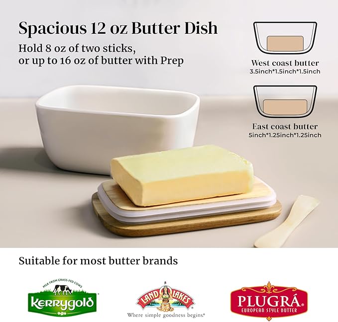 DOWAN 6.5" Large Butter Dish - Ceramic Butter Dish with Lid for Countertop - White Butter Keeper Holds Up to 3 Sticks - Butter Holder and Container with High-Quality Silicone Sealing