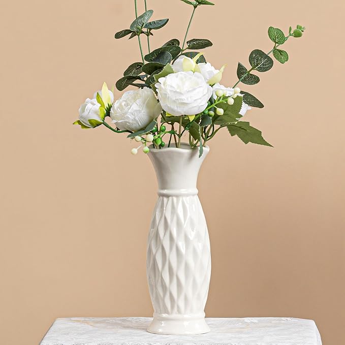 White Ceramic Vase with Diamond Texture - 8.3" Unique Flower Vase for Pampas Grass & Centerpieces, Decorative Boho/Farmhouse Vase for Living Room, Office Desk & Gift for Her/Yourself
