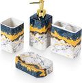 4 Piece Bathroom Accessories Set - Blue Bathroom Accessory Sets Includes Lotion Dispenser, Toothbrush Holder Tumbler, and Soap Dish - Glossy Finish (Marble, Blue)