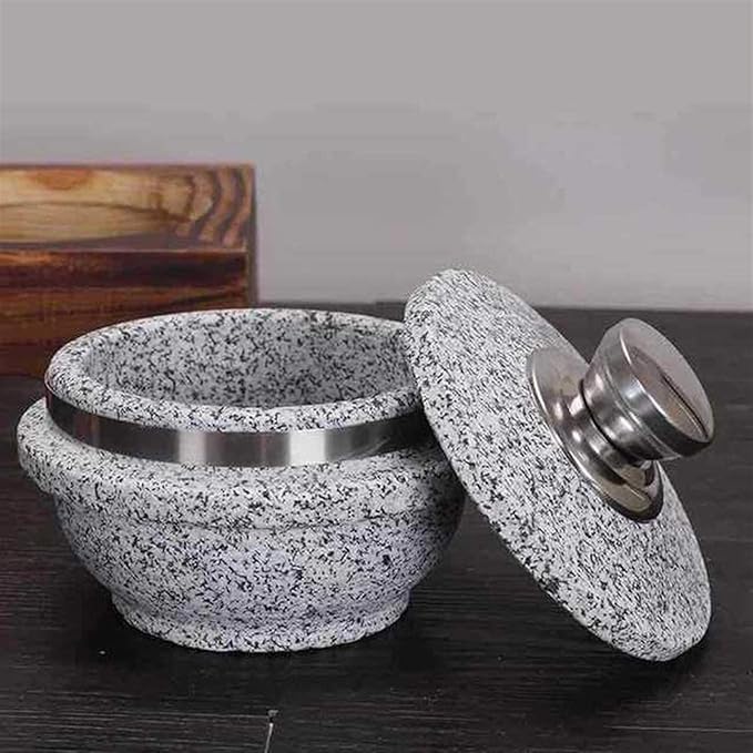 Korean Granite Stone Bowl with Lid,Heavy-Duty Granite Stone Bowl with Wood Base, Rice Cooker,Ceramic Pot Casserole,Clay Pot for Korean Cuisine Stone Diameter 14cm