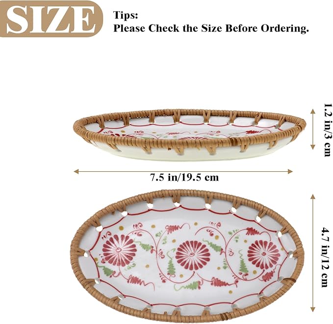 Mini Rattan Ceramic Tray, Oval Fruit/Bread/Cookie/Jewelry Small Storage Porcelain Serving Plate, Vintage Decorative Display Plate for Coffee Table Home Decor Wedding Party Gift (Red Flower)