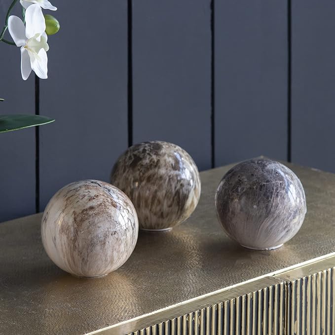A&B Home Tan Decorative Marble Balls - Flat Base Table Centerpieces Beige Marbleized Ball with Flat Side, Set of 6 Ceramic Spheres, 4 inch
