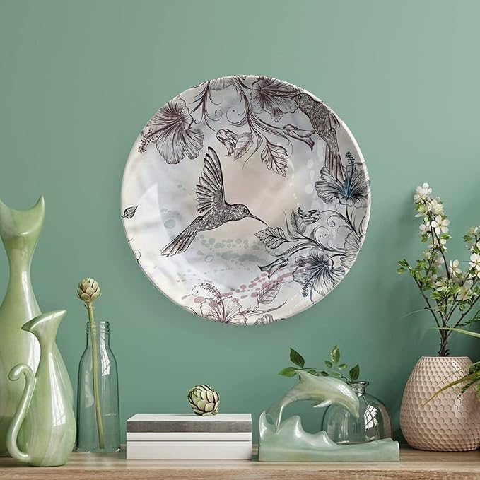 XISUNYA 6 Inch Decorative Plate, Hummingbird Ceramic Stoneware, Birds Hibiscus Flowers Print Ceramic Wall Hanging Decor Accessory for Dining Table Tabletop Home Decor