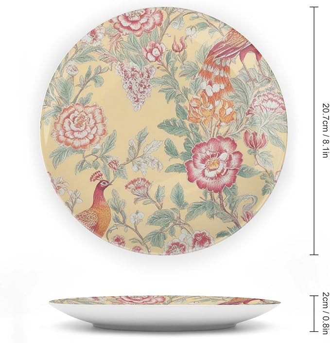 Garden Inspired Chinoiserie Birds Flowers Plates Ceramic of 6", 7", 8", 10", Custom Christmas Design Porcelain Dessert Plate Set Gifts Kitchen Display Decorations Table, Unique Art with Stand