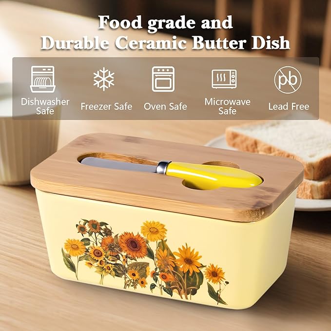 Sunflower Butter Dish with Lid,Large Butter Crock Keeper Saver,Ceramic Butter Container for Countertop with Highly Sealed Silicone Thick Wooden Lid for Kitchen Farmhouse Decor (Yellow, Sunflower)