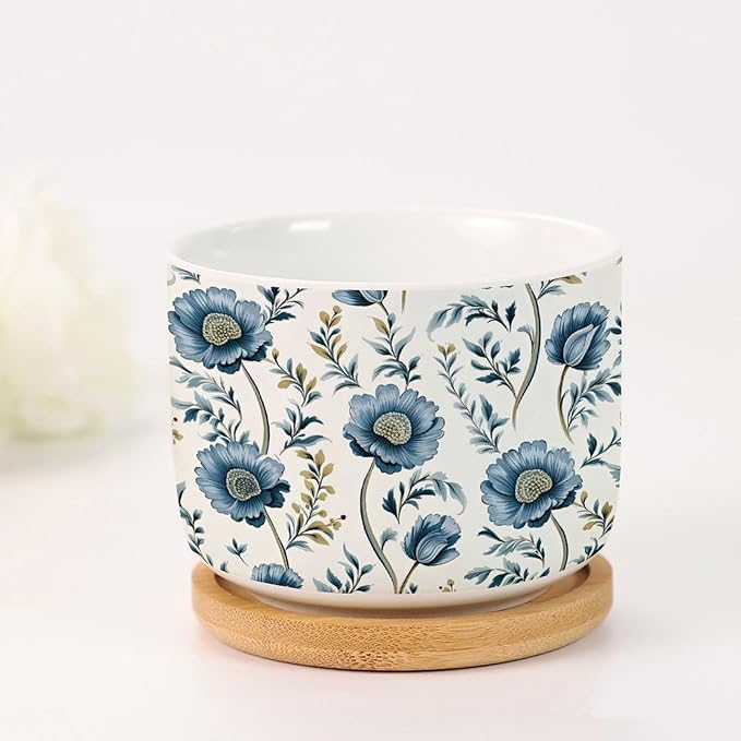 Mughal Flower Ceramics Planter Set of 1 Chinoiserie Blue Floral Cactus Pot for Indoor with Drainage Holes Oriental Chinoiserie Small Succulents Plant Pot Birthday Gift for Mom
