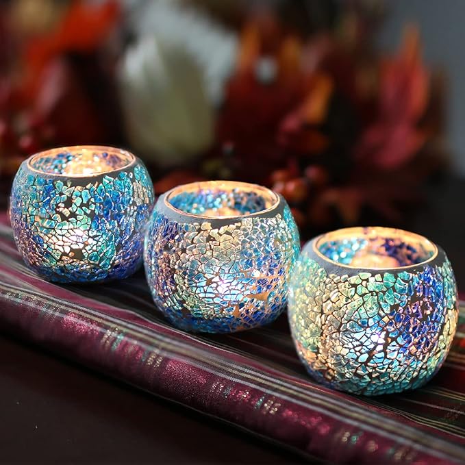 Romantic Mosaic Cracked Candle Holders(NO Candles) Wedding Dinner by Candlelight,Handmade Tea Light Holders Candlescape Bowl for Valentine's,Christmas Table Centerpiece,Party Decor 1 PC(Blue)