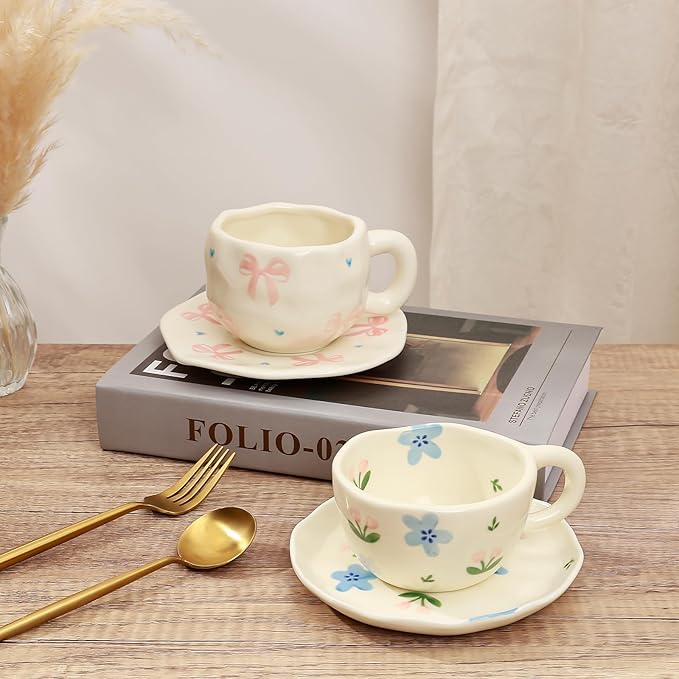 Koythin Ceramic Coffee Mug with Saucer Set, Cute Sweet and Cool Love Cup Unique for Office and Home, 10 oz/300 ml for Latte Tea Milk
