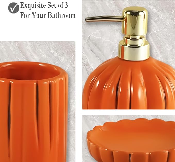 Pumpkin Bathroom Accessories Set, Orange Bathroom Fall Decor, 3PC Ceramic Bathroom Sets Complete, Toothbrush Holders, Soap Dispenser, Soap Dish, Bathroom Organizer for Countertop