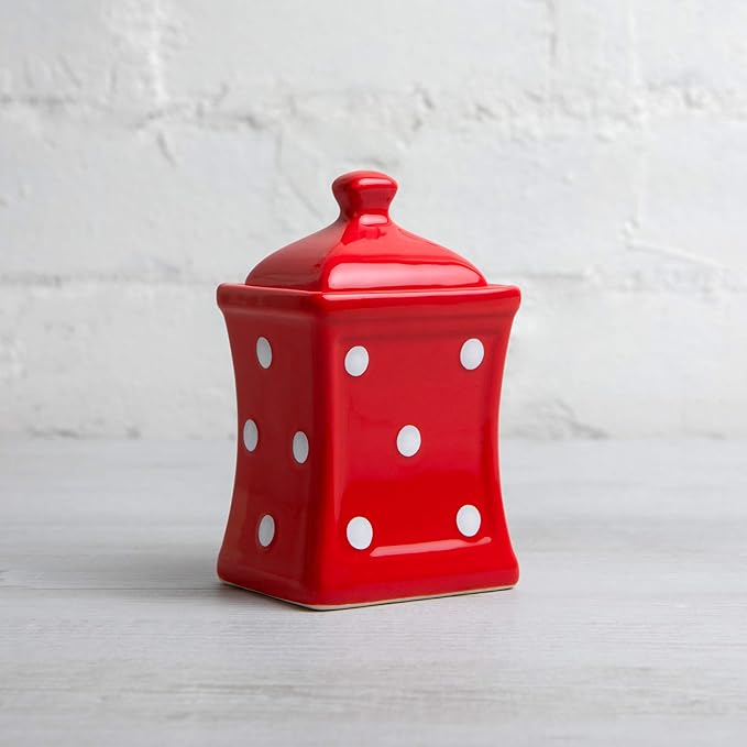City to Cottage Handmade Small 5.3oz/150ml Ceramic Kitchen Herb, Spice, Storage Jar with Lid, Pottery Canister, Housewarming Gift (Red Polka Dot)