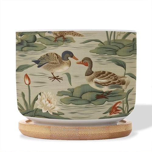 1 Piece Ceramics Plant Pot and Duck Garden Small Ceramics Planter Green Water Lily Chinoiserie Flower Succulent Pot Traditional Chinese Chinoiserie Plant Pot with Drainage Holes
