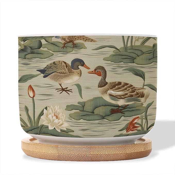 3 Piece Ceramics Plant Pot and Duck Garden Small Ceramics Planter Green Water Lily Chinoiserie Flower Succulent Pot Traditional Chinese Chinoiserie Plant Pot with Drainage Holes