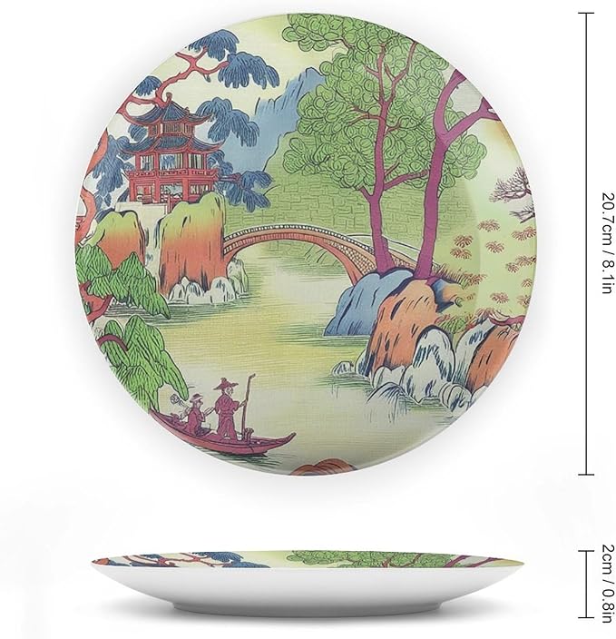 Chinoiserie Toile Ceramic Decorative Plate, Custom Green And White Chinoiserie Pagoda Toile Asian Ceramic Dinner Plates, Household Decorations Festival, Including Bracket And Special Hook
