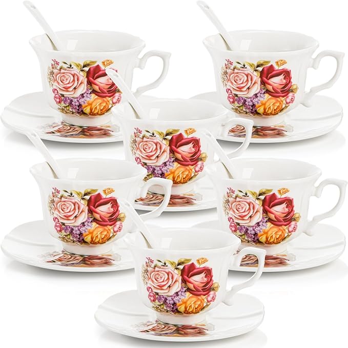 Tea Cups and Saucers Set of 6, 8 OZ Vintage Ceramic Teacups with Spoon, Floral Rose British Coffee Mug, Elegant Bone China Cup Gift Set for Cappuccino, Espresso, Latte, Afternoon Tea Party