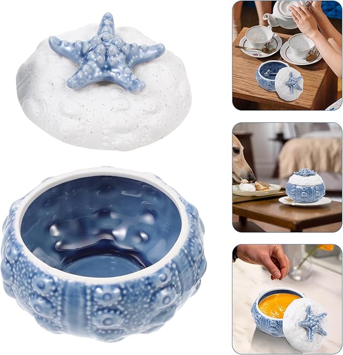 Yardwe Marine Style Jewelry Box, Blue Ceramic Trinket Dish with Lid for Nautical Room Decor Aesthetic Multifunctional Items Storage Container for Vanity Table Bedroom and Bathroom, 4.13X4.13X2.95Inch