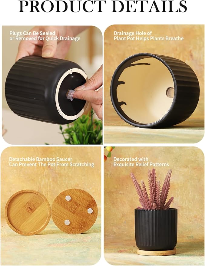 OMAYKEY 4 Inch Ceramic Plant Pot with Saucer, Small Planters Pots with Drainage Hole and Mesh Pads for Succulent, Cactus, Herbs, Stripe Pure Black