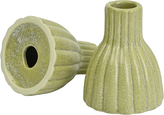 Set of 2 Vintage Ribbed Ceramic Taper Candle Holders, Distressed Green Farmhouse Candlestick Stands for Tabletop, Mantel & Shelf Decor