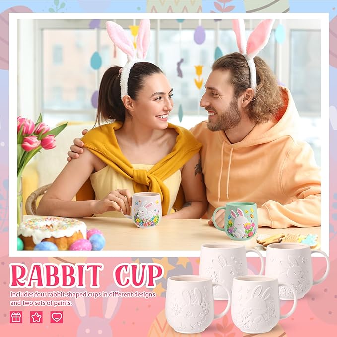 Zubebe 4 Sets Easter Paint Your Own Mugs Craft Kit, Bunny Ceramic to Paint, DIY Mugs for Adults, Festive Coffee Tea Cup for Adults with Painting Set for Easter Basket Stuffers Family Party Favors Gift
