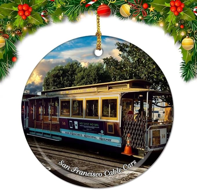 California San Francisco Cable Cars USA America Christmas Ornaments Ceramic Round Hanging Pendant Xmas Decor City Travel Souvenirs 3" Porcelain Double Sided
