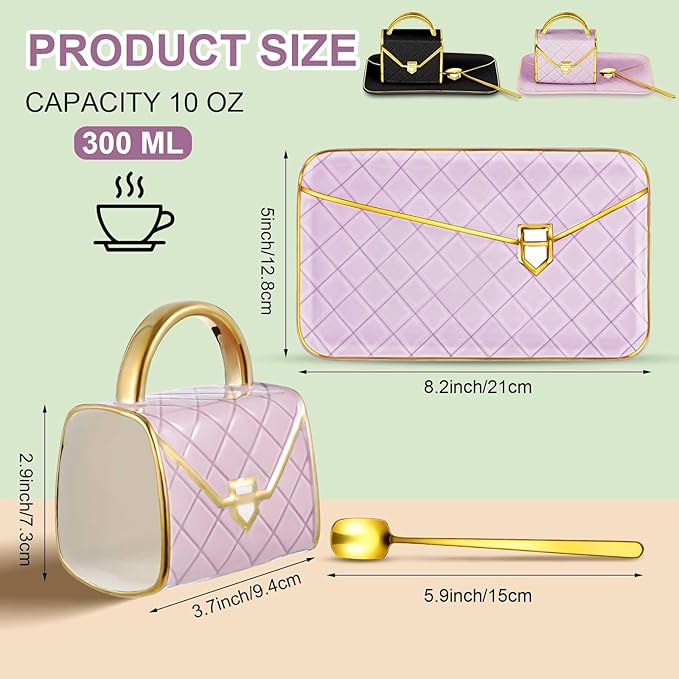 Zubebe 2 Set Coffee Mug Elegant Handbag Shaped Cup Mother's Day Modern Ceramic Purse Mug with Spoon and Saucer, 10oz Cute Creative Tea Cup for Woman Girls Gift (Purple,Black)