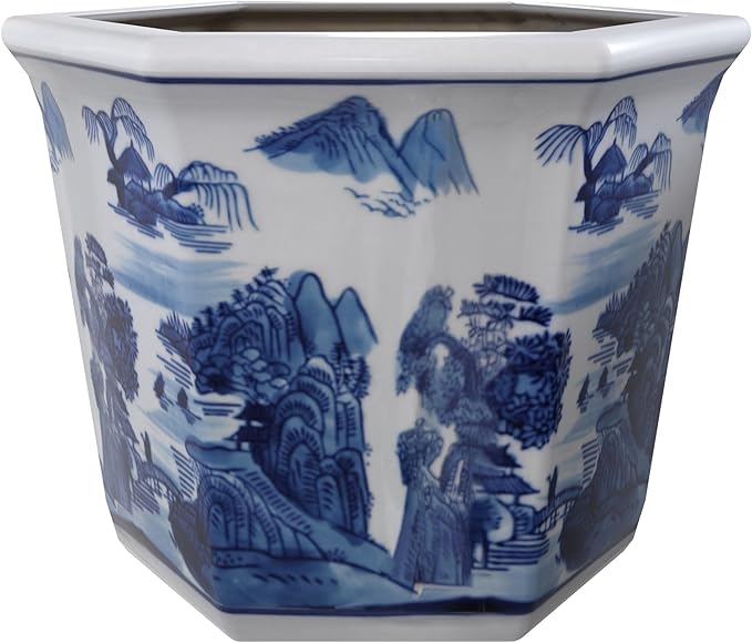 Red Lantern 10" Porcelain Flower Pot, Landscape Blue-White