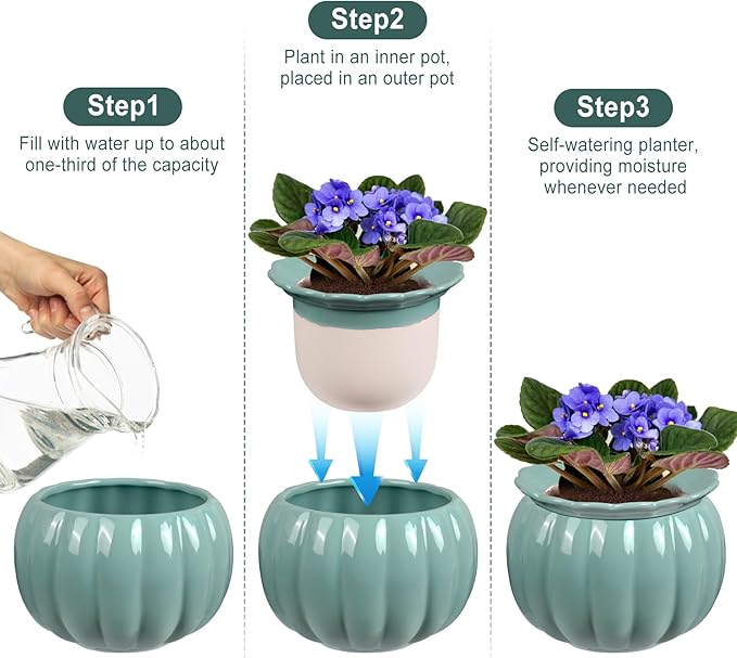 African Violet Pots, Self-Watering Ceramic Planter for Indoor Plants – 6 Inch Pot for Succulents, Herbs & Small Houseplants, Decorative Self-Watering Pot for Home & Office, Blue