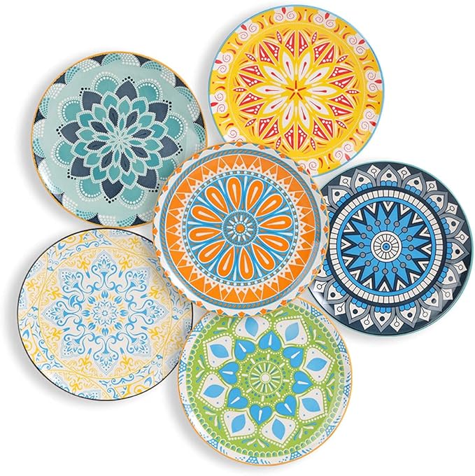 Dessert Plate Set of 6-8 Inch Ceramic Salad and Appetizer Plates - Vibrant Mix-and-Match Colors - Dishwasher and Microwave Safe