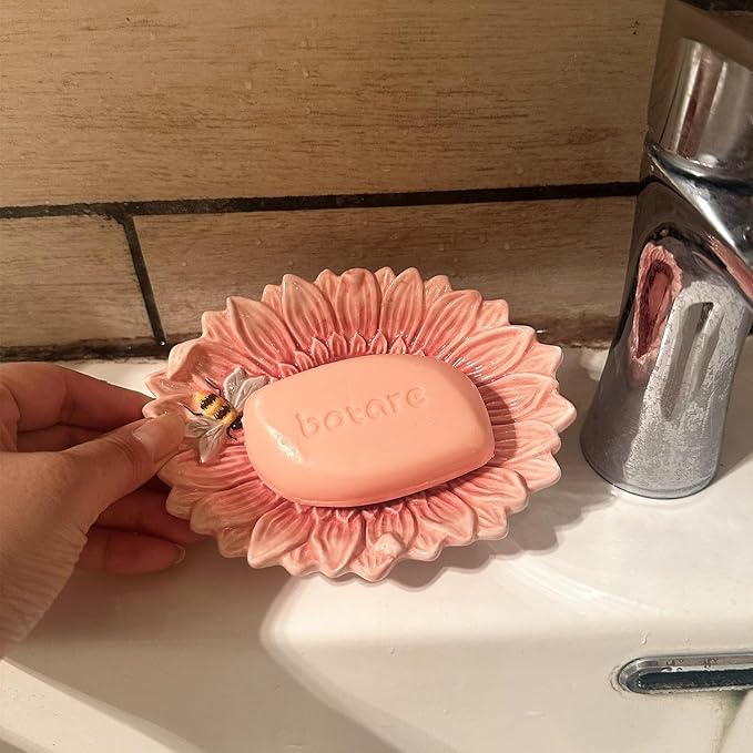 Ceramic Sunflower Bathroom Accessories Set, 4 Piece Bathroom Ensemble Set with Toothbrush Holder, Toothbrush Cup, Soap Dispenser, Soap Dish (Pink)