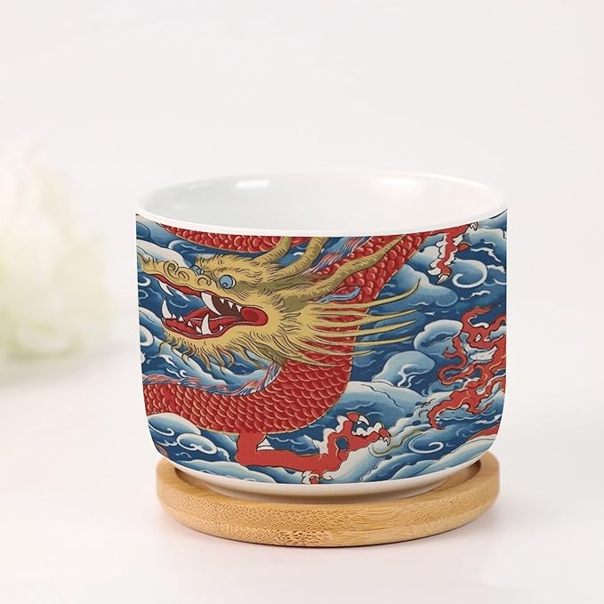 5 Piece Ceramics Planters Red and Auqa Dragon Small Succulents Pots Chinoiserie Dragon Cactus Pot Chinoiserie Asian Plant Pot with Drainage Holes and Bamboo Tray