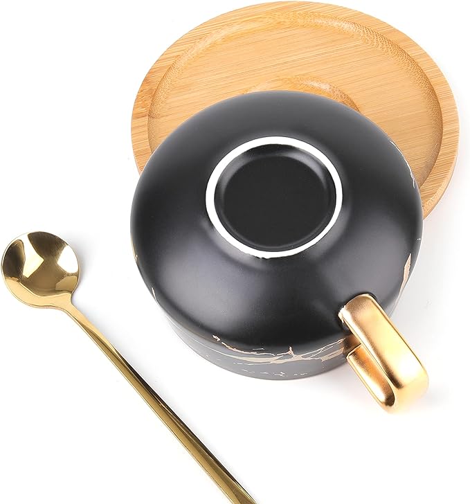 Peohud 2 Pack Ceramic Tea Coffee Cup, 10 OZ Coffee Mug with 304 Stainless Steel Spoon and Bamboo Saucer, Marble Espresso Cups for Latte, Cappuccino, Americano, White and Black