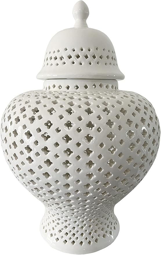 Noori Home - 100% Modern Glam Artisan Ceramic ELLA Large White Ginger Jar Urns with Lid 12.5x12.5x19