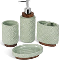 Elegant 4 PCS Ceramic&Wood Bathroom Accessories Set:Soap Dispenser,Toothbrush Holder,Tumbler,Soap Dish,Easy to Clean,Quatrefoil Pattern,Green-Affordable Luxury for Home Decor Enthusiasts