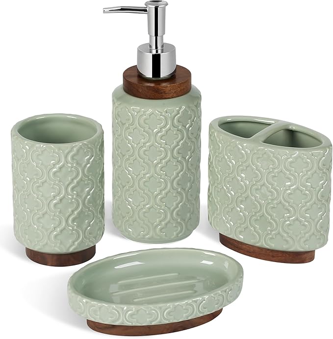 Elegant 4 PCS Ceramic&Wood Bathroom Accessories Set:Soap Dispenser,Toothbrush Holder,Tumbler,Soap Dish,Easy to Clean,Quatrefoil Pattern,Green-Affordable Luxury for Home Decor Enthusiasts