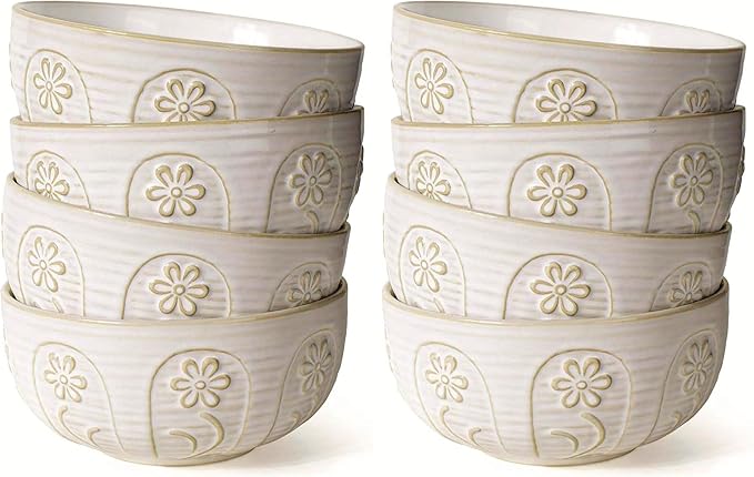 Artena Soup Bowls 32 OZ, Cereal Bowls Set of 4, White Embossment Ceramic Ramen Bowl for Salad, Dinner, Pho, Noodle, Pasta, Snacks, Dishwasher Microwave Safe, 6.3 Inch, Pinwheel Flower (Pack of 2)