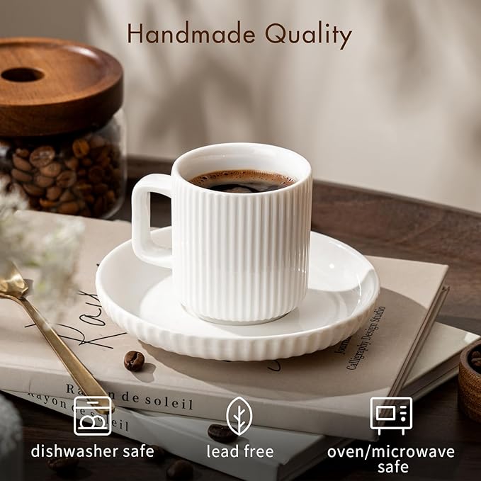 2.5OZ Espresso Cups Set of 4, White Cream Ceramic Demitasse Espresso Mugs with Saucers, Small Coffee Cups for Single/Double Espresso Shots
