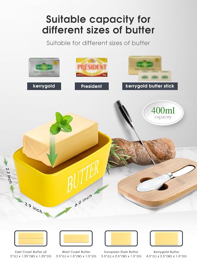 Butter Dish with Lid, Home Decor, Large Butter Dish for Countertop Ceramic Butter Keeper Container with Knife and High Quality Silicone Sealing Butter Box Good Kitchen Gift Yellow