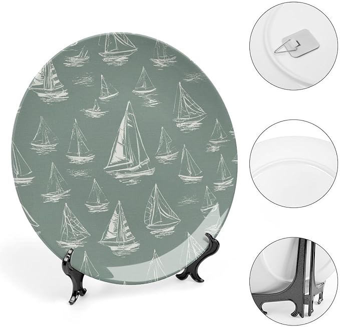 Personalized Gifts Plates Ceramic, Sail Boats Nautical Teal Dinner Plates Table Including Bracket And Special Hook, Antique Decor for Wedding Art Decoration Festival, 6", 7", 8", 10"