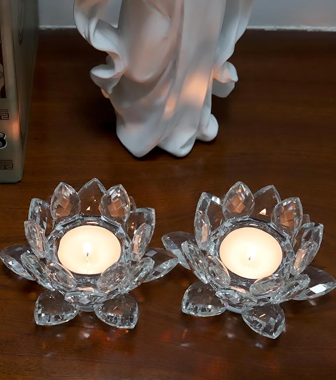 Crystal Lotus Flower Tealight Candle Holder Set of 2, Clear Glass Candlestick Holders, Pillar Votive Candle Holders for Table Centerpiece, Home Décor, Party, Wedding, Dinning