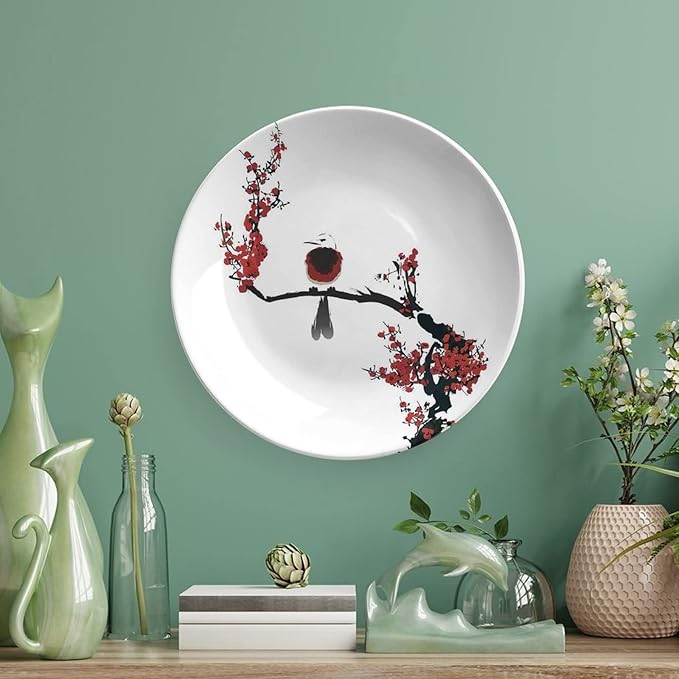 XISUNYA 6 Inch Decorative Plate, Janpese Decor Ceramic Plate, Bird on Cherry Tree Summertime Classic Asian Print Ceramic Wall Hanging for Home & Office Wall Hanging Decor