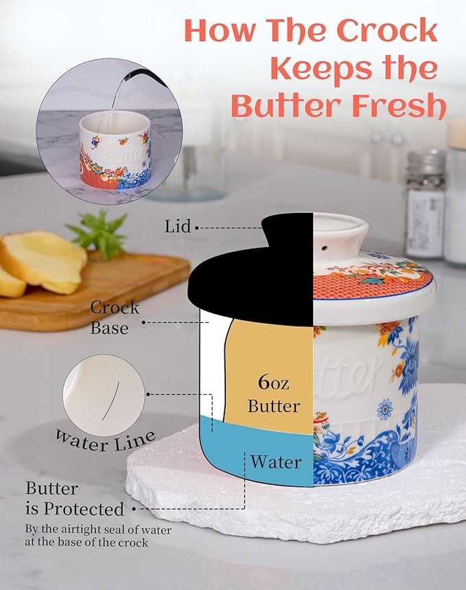 TEATALK French Butter Keeper - Vintage Boho Ceramic Butter Crock for Counter, Colorful Floral Porcelain Butter Dish with Lid, Stay Soft Spreadable Butter Container, 6.7 oz Aesthetic Kitchen Decor
