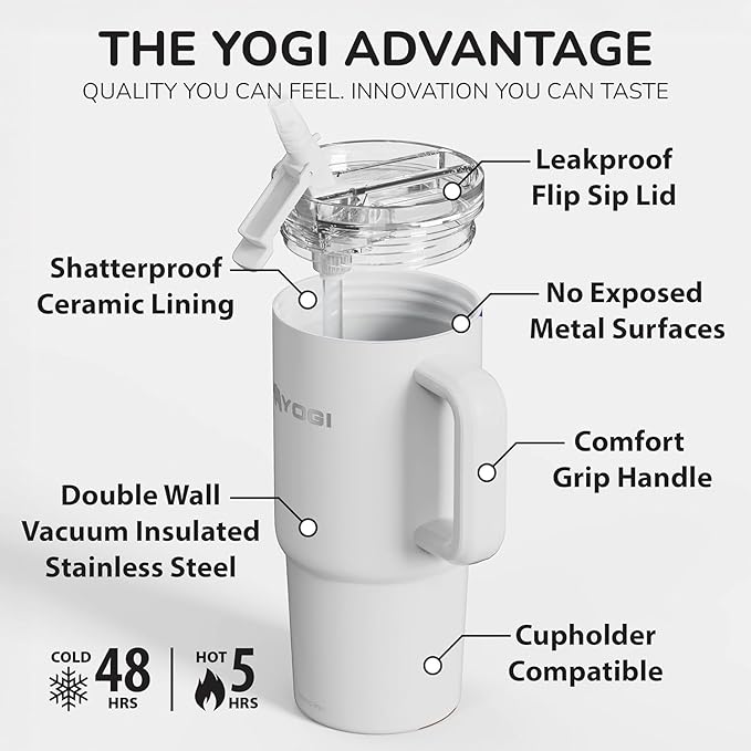 YOGI Ceramic Lined Metal Allergy Safe 24oz Tumbler with Handle and Straw Leakproof Flip & Sip Lid Vacuum Insulated Stainless Steel Travel Cup for Iced Coffee Water and All-Day Hydration 24oz Polar