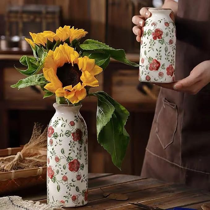 Mini Vintage Rustic Flower Vase,Farmhouse Flower Vase for Home Decor,Chinoiserie Ceramic Vases for Table,Bookshelf,Living Room Centerpieces,Small Bud Vases 6.1 Inch